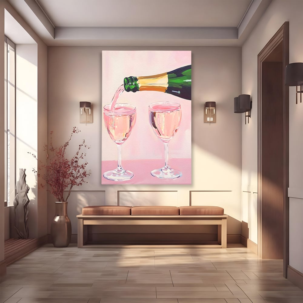 Tablou canvas cu pictura cu sticla si pahare de sampanie roz, fara rama, pe sasiu de lemn